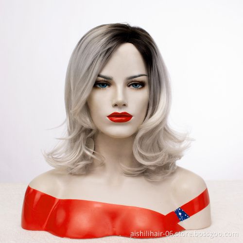 Fashion synthetic long straight hair wigs ombre black to silver gray wig mix hair natural layer wave for women